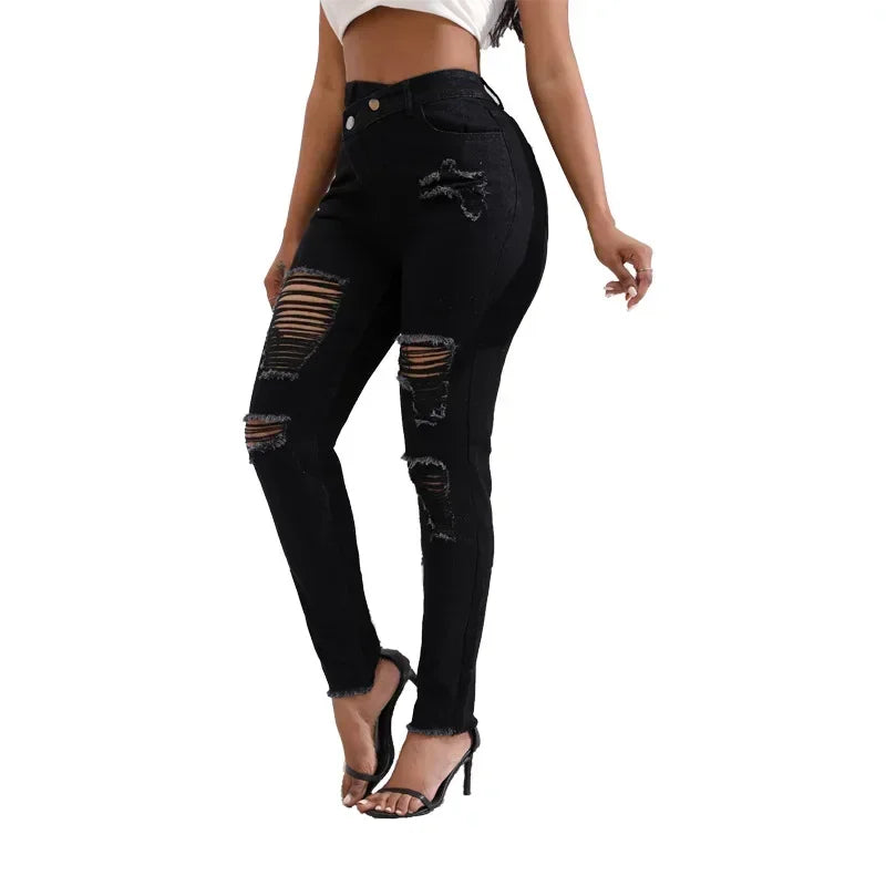 Women Jeans Denim pant High Waist Pencil Pants Holes Slim Fit Pockets Sexy Streetwear Solid Sheath Distressed Ankle Length 2025