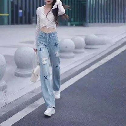 With Holes Trousers Embroidered Cowboy Pants for Woman Straight Leg High Waist Shot Women's Torn Jeans Cheap Japanese Y2k Summer