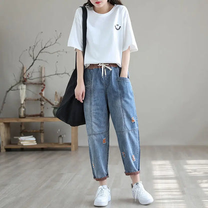 Retro Distressed Cropped Jeans Women Spring Summer Loose Slimming Elastic Waist Casual Harem Pants Thin Summer