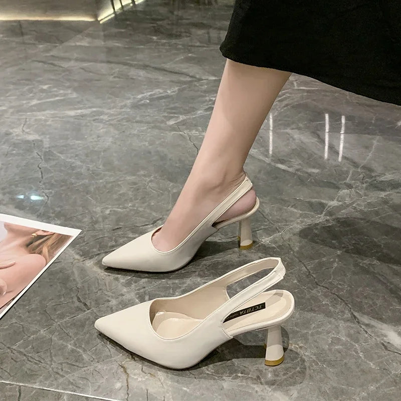 Summer Fashion New Pointed Toe Stiletto Heel Shallow Mouth Breathable PU Comfortable and Elegant Women's Shoes Sexy Sandals