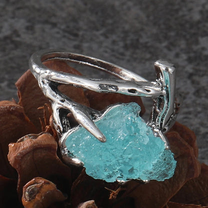 Retro Handmade Silver Plated Crystal Geometry Rings for Female Blue Stone Ring Bohemian Charm Women Wedding Engagement Jewelry