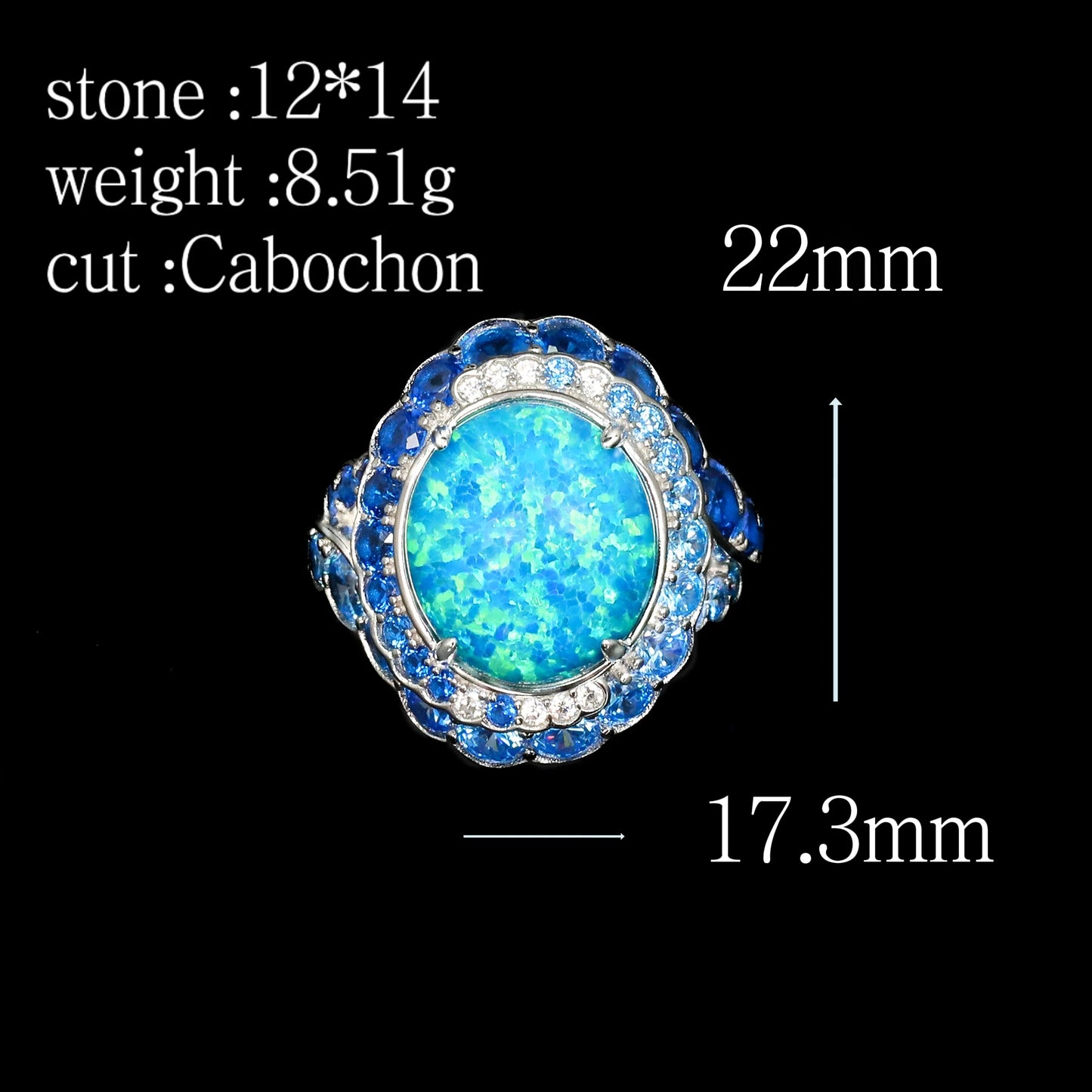 TLS 925 Sterling Silver Rhodium Plated High Carbon Diamond Cabochon Opal Blue Diamond Surrounding Star Ring for Gift