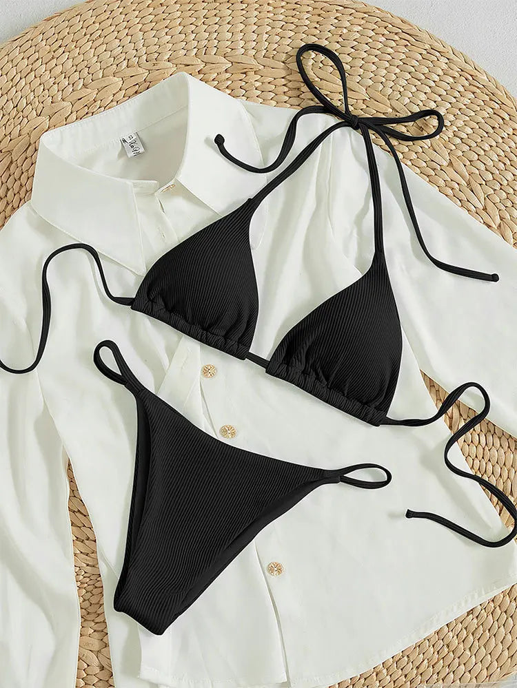 Special Pit Stripe Fabric Bikini Set Women Sexy Simple Solid Halter Bikini Swimsuit High Waisted Lace Up Beach Bathing Suit
