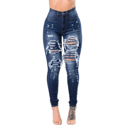 Washed Ripped High-waisted Slim-fit Small-leg Jeans, Four Seasons New Fashionable Casual Skinny Jeans for Women, Pencil Pants