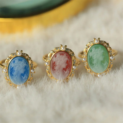 s925Silver Inlaid German Cameo Agate Relief Silver Ring Gift for Girlfriend Holiday Present