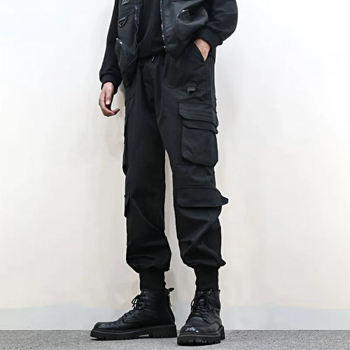 ARENS Multi Pockets Solid Color Casual Cargo Pants Mid-Rise Elastic Waistband Drawstring Shrinkable Cuffs Men Sweatpants