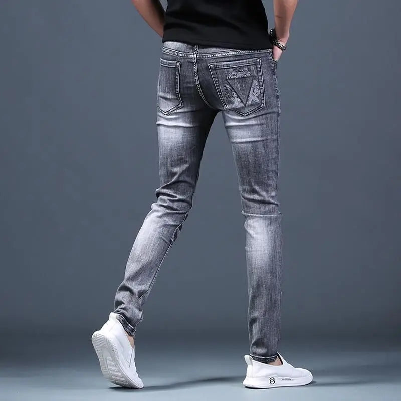 Trendy Luxury Clothing Men Korean Casual Denim Jeans Printed Patterns Slim Designer Spring Autumn Streetwear Cotton Trousers