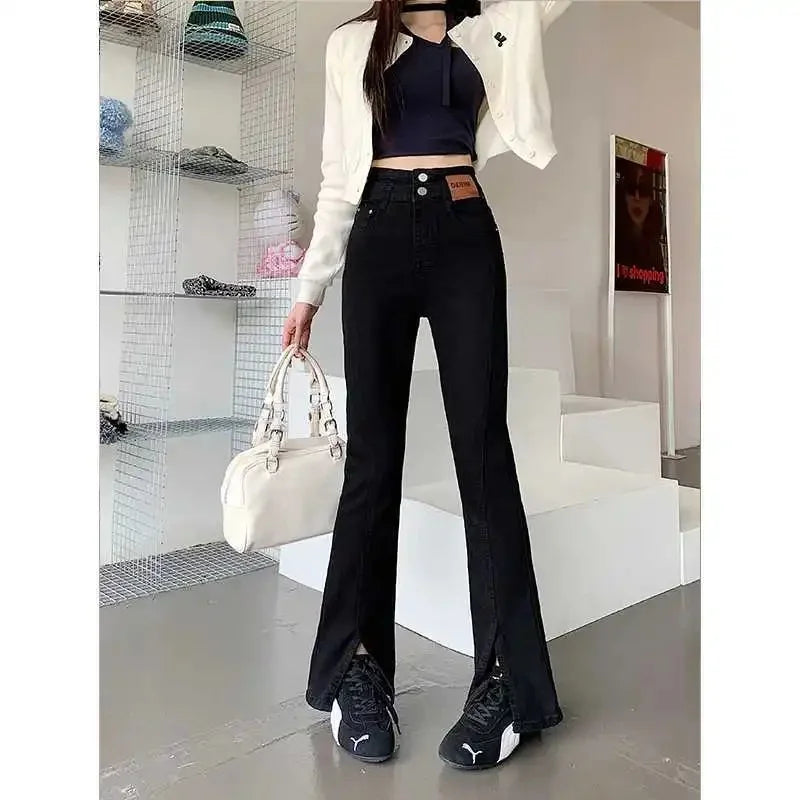 High Waist Bell Bottom Jeans for Women Sexy Lace up Design Split High Street Style plus Size Pear Shaped Body Slimming Trousers
