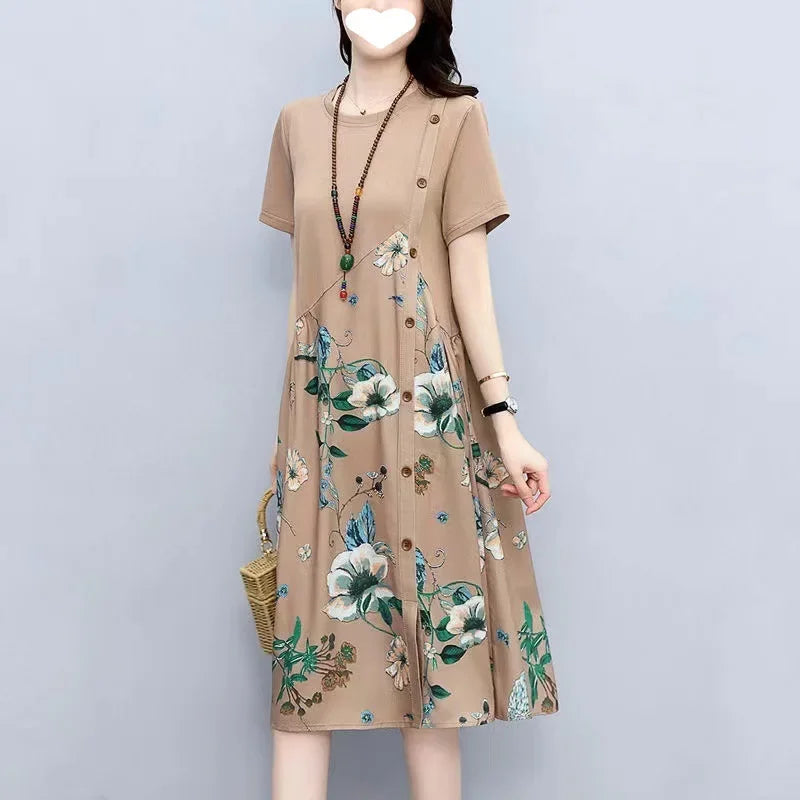 Loose Casual Women's Dress Summer New Style Retro Print plus Size Conceal Meat Slimming A- Line Skirt Fashionable Chinese Brand