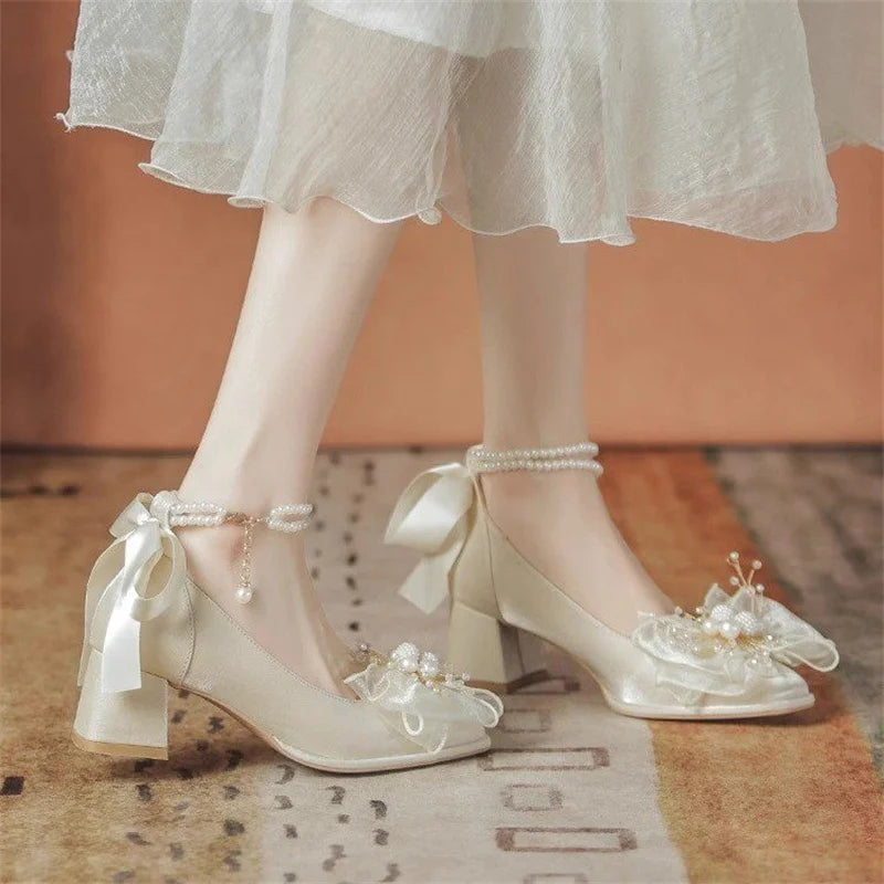 spring and autumn new style fashionable, comfortable and versatile pearl temperament versatile square-toe pumps for women