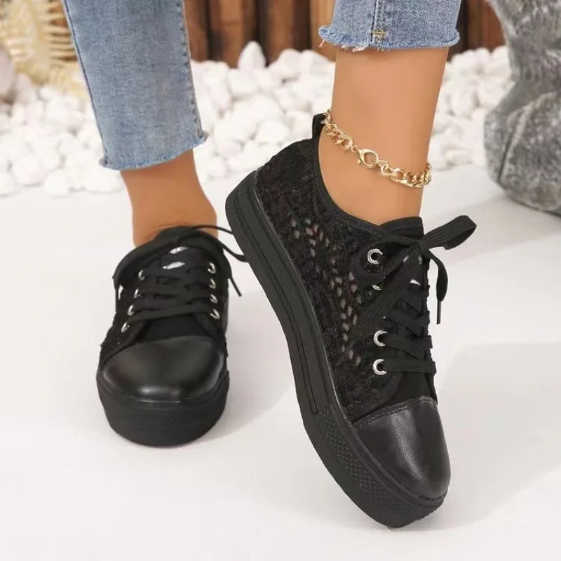 Fashion Summer Casual White Shoes Cutouts Lace Canvas Hollow Breathable Platform Flat Shoes Woman Sneakers
