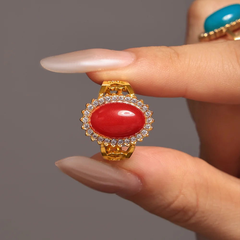 Oval Blue Red Stone Ziron Stainless Steel Rings For Women Gold Plated Waterproof Adjustable Ring Charm Luxury Jewelry