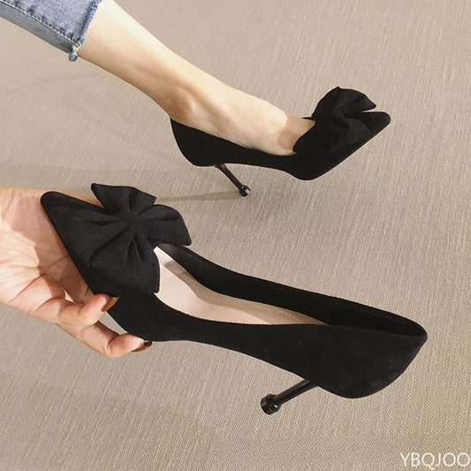 Women's trendy new Shoes Fashion bow tie slim high heels Sexy black Elegant shoes Fairy style comfort ladies pumps Zapatos Mujer
