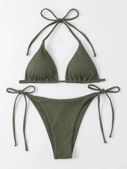 Sexy Brown Bikini 2025 Women Solid Red Halter Push Up Bra Tie Side Triangle Swimsuit Summer Bathing Suit Lace Up Micro Swimwear