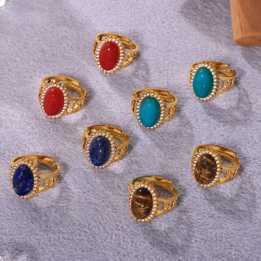 Oval Blue Red Stone Ziron Stainless Steel Rings For Women Gold Plated Waterproof Adjustable Ring Charm Luxury Jewelry