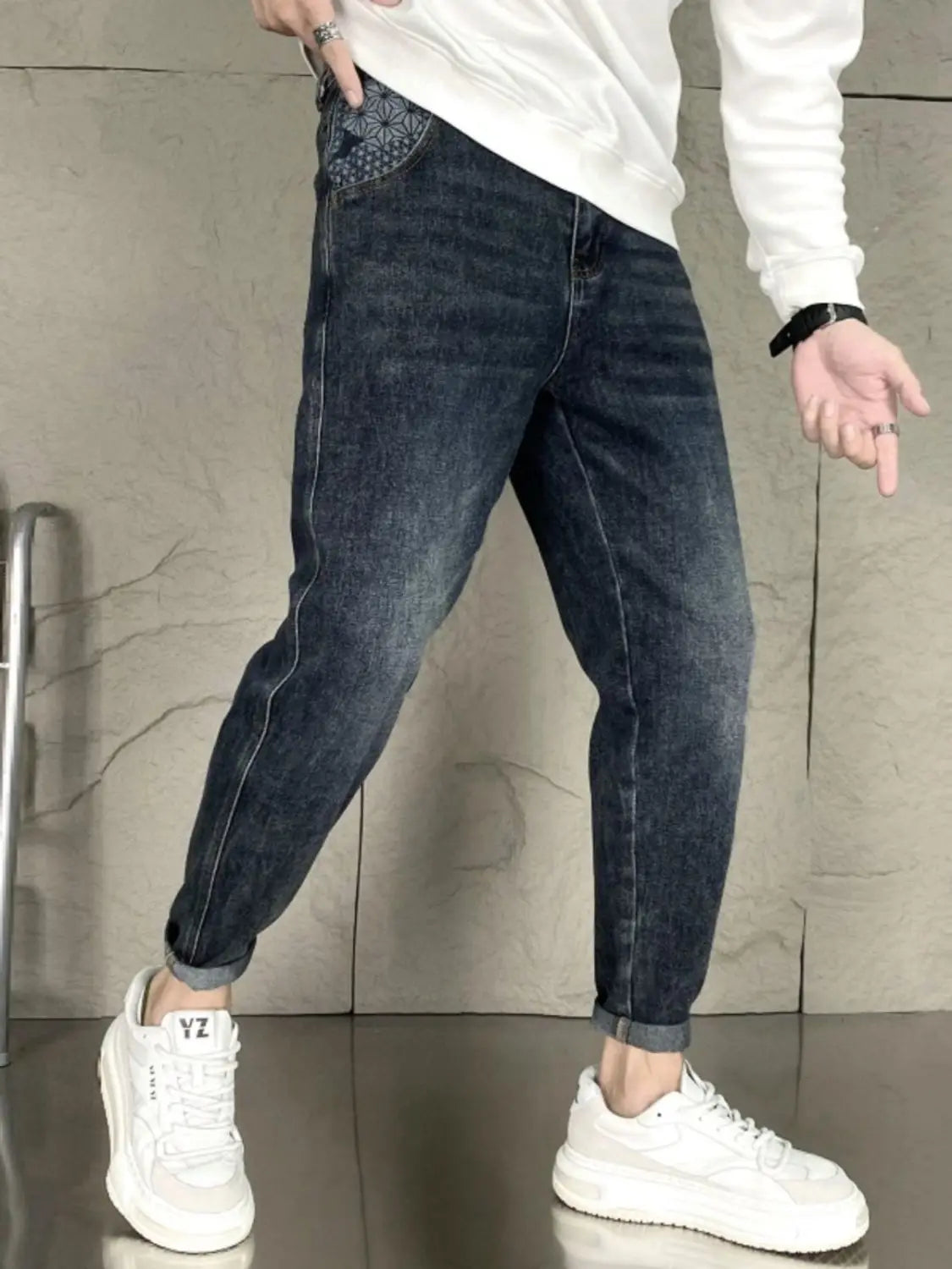 New Men's Luxury Loose Denim Jeans for Men Solid Vintage Washed Elastic Casual Pants Blue for Autumn Designer Baggy Trousers