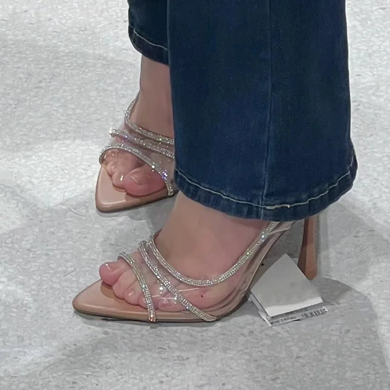 Thin Heel High Heels Women's 2024 Summer New Fairy Style Sexy Shallow Mouth Back Hollow Pointed Water Diamond Open Toe Sandals