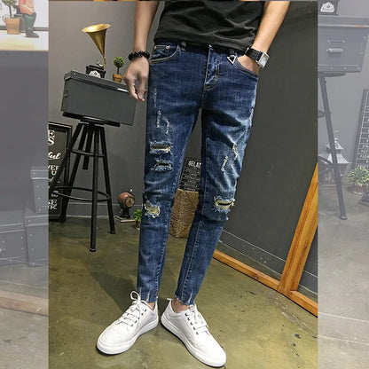 Wholesale 2022 Fashion Denim Pants Men\'s Boys Small Feet Ripped Holes Cropped Jeans Thin Men\'s Social Men Beggar Pencil Pants