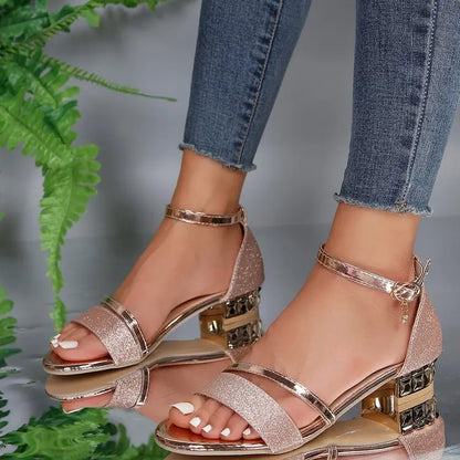 Gold Silver Block Low Heel Roman Sandals Party Weddings Pointed Toe Luxury Chic Elegant Woman Shoe Ladies Designer Sexy Evening