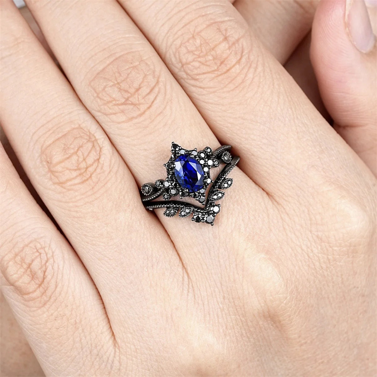 2Pcs/Set Fashion Black Gold Color Blue Rhinestone Zircon Rings For Women Full Crystal Rings Wedding Engagement Jewelry Gifts
