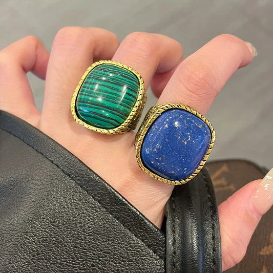 Vintage Geometric Metal Square Natural Stone Ring For Women Exaggerated Trendy Finger Jewelry Party Accessories