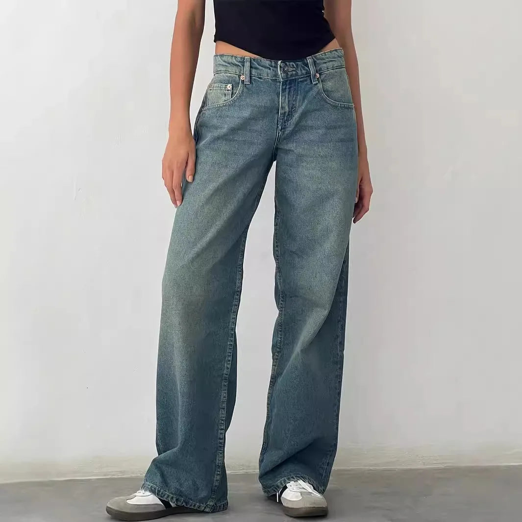 High Quality Women's Straight Leg Jeans Four Seasons New Fashion Loose Low Waist Wide Leg Pants Women's Casual Elasticless Jeans
