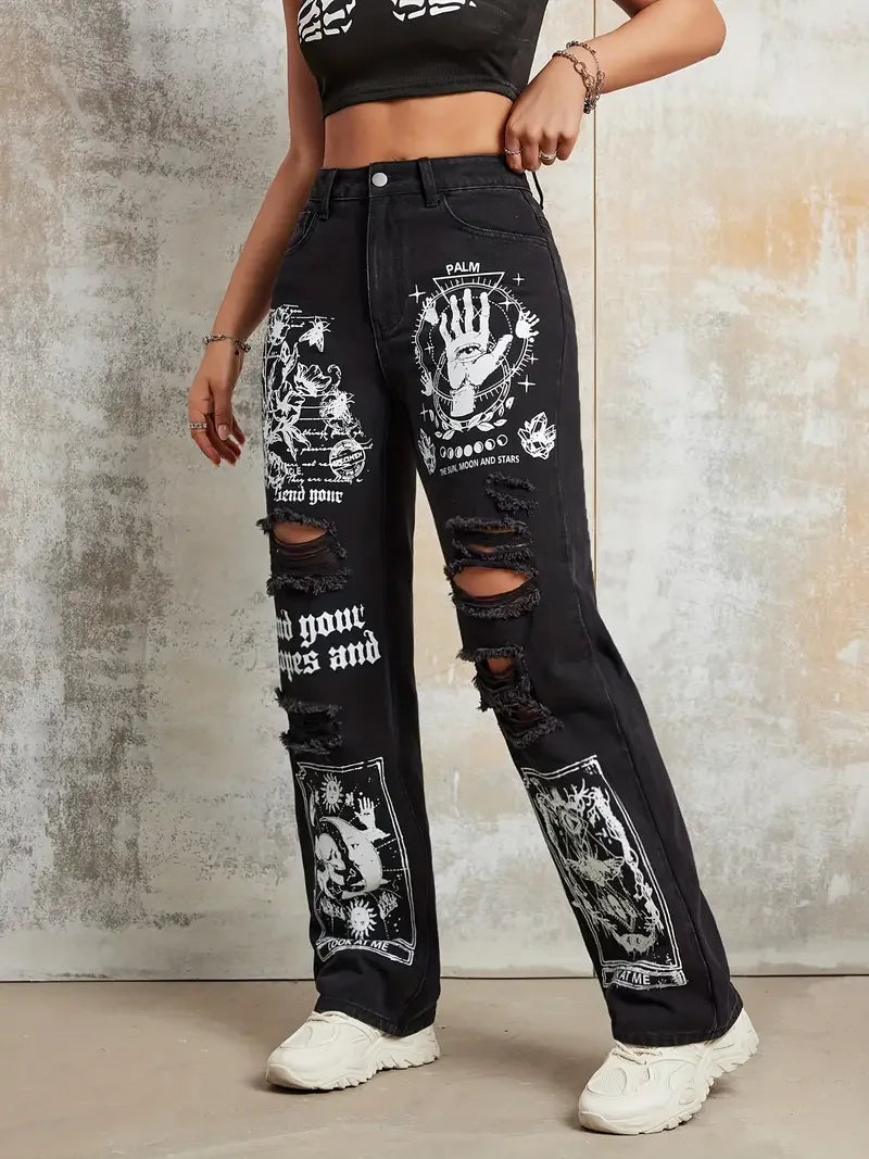 2025 New Style Women's Jeans Women's Spring And Autumn New Hot Selling Street INS Same Style Print Ripped Straight Jeans