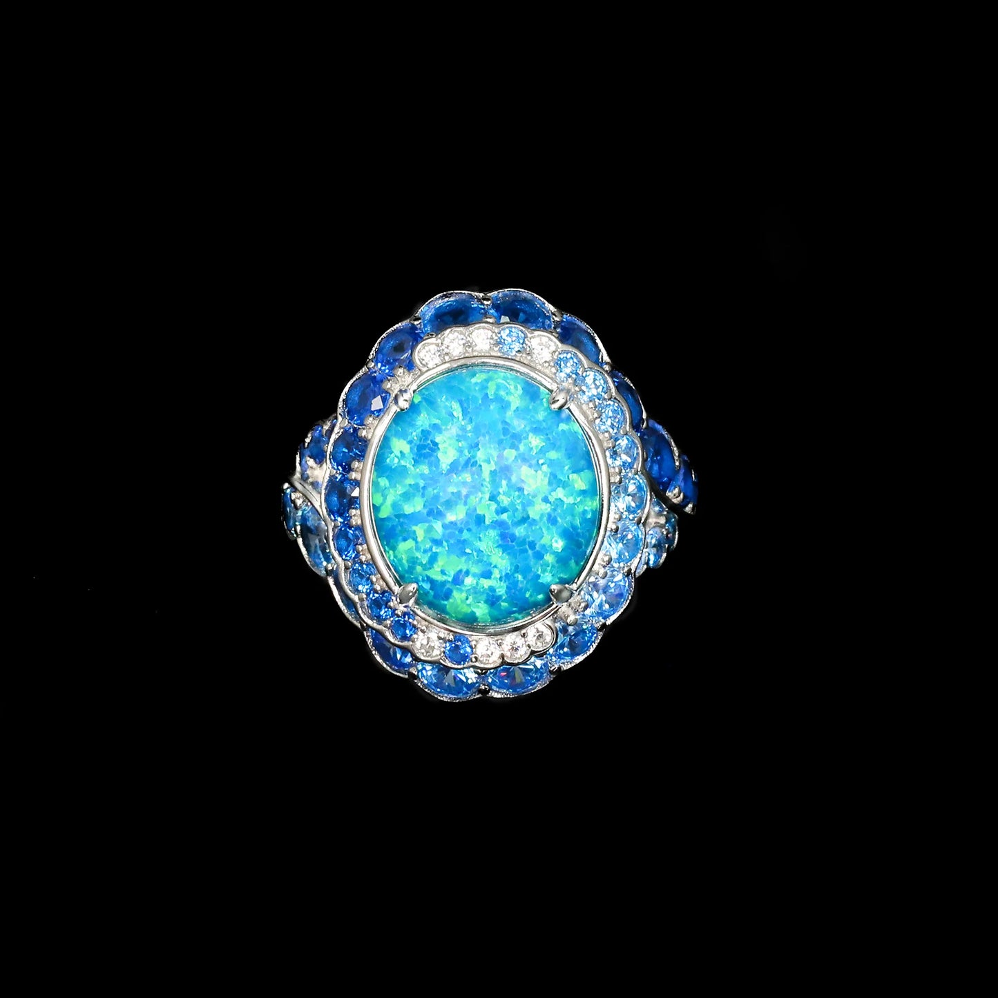 TLS 925 Sterling Silver Rhodium Plated High Carbon Diamond Cabochon Opal Blue Diamond Surrounding Star Ring for Gift