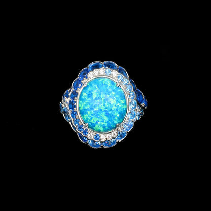 TLS 925 Sterling Silver Rhodium Plated High Carbon Diamond Cabochon Opal Blue Diamond Surrounding Star Ring for Gift