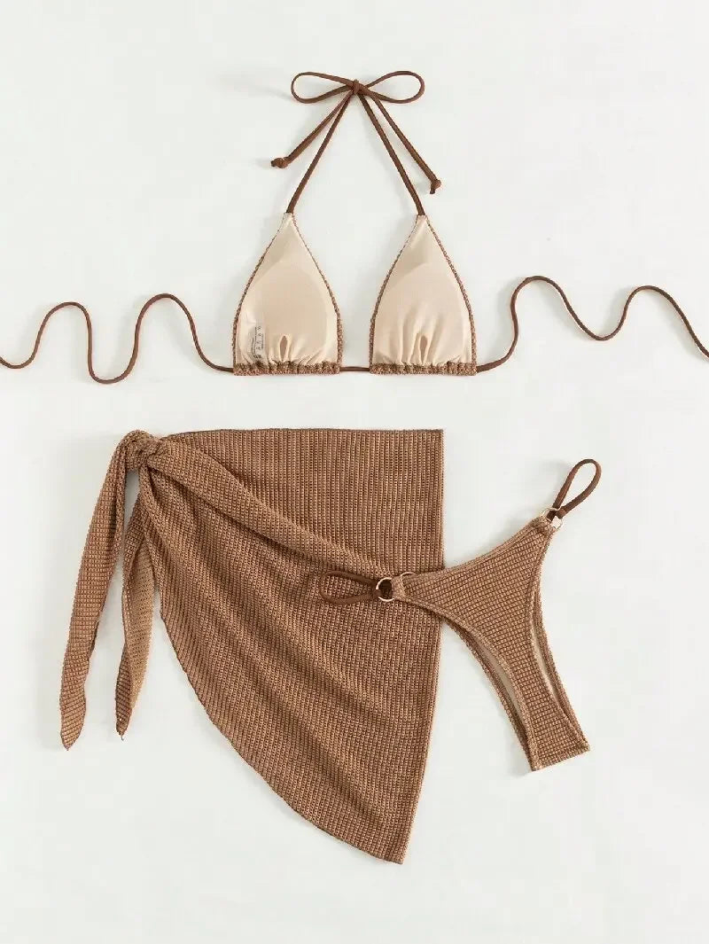 Sexy Brown Bikini Set 4 Women Halter Push Up Bra Skirt 3 Piece Swimsuit Summer Bathing Suit Cover Up Thong Swimwear Biquini