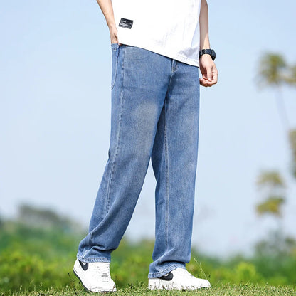 Men's Straight-Leg Jeans, Minimalist for All Seasons, Loose with Drape, Narrow-Wide Leg, Retro Casual Long Pants, Sizes 28-38