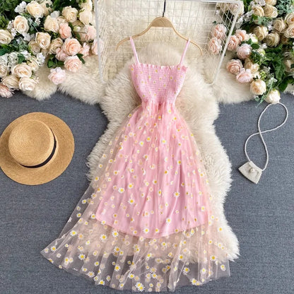 Women Dress 2025 New Summer Fashion Fairy Mesh Party Dress Korean Pop Floral Print Vacation Beach Dress Streetwear Sundress