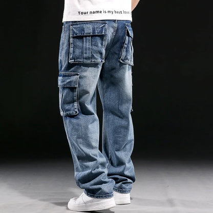 Wide Leg Pant Distressed Cargo Jean Men Jeans Washed Denim Patchwork Solid Full Length Pants Loose Pockets High Street 2025