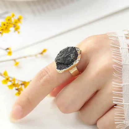 Irregular Black Tourmaline Ring for Men Gold Color Genuine Natural Raw Crystal Stone Reiki Energy Jewelry Gift Adjustable x239