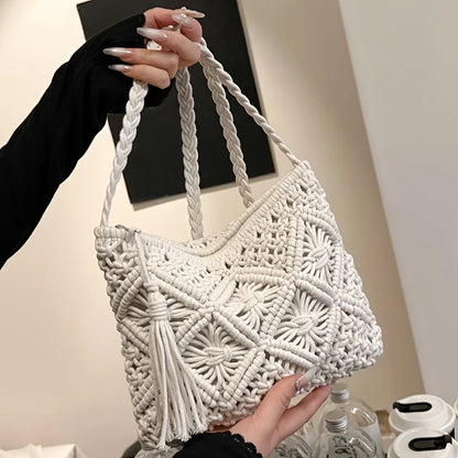 1pc Boho Chic Handwoven Shoulder Bag for Women,Handwoven Cotton with Zipper & Tassel Details,Beach Bag,for Travel,Casual Outings