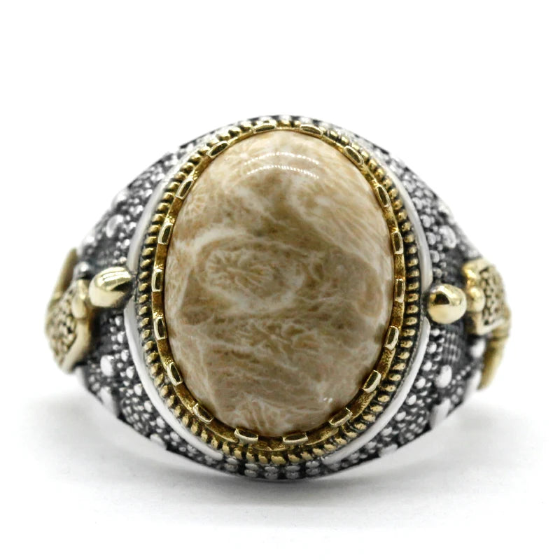 Fashionable men's handmade ring jewelry natural gold coral stone handmade s925 silver ring men's party gift