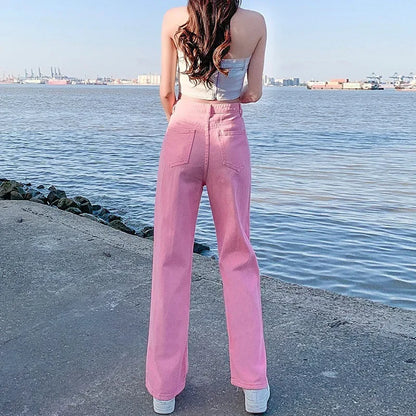 Loose Wide Leg Jeans Women's New Style Pink High Waist Slimming Floor Length Vibe Wind Summer Jeans Casual Comfortable Fit