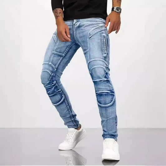 Two tone distressed patchwork jeans for men trendy jeans for summer thin straight leg pants slim fit small leg distressed jeans