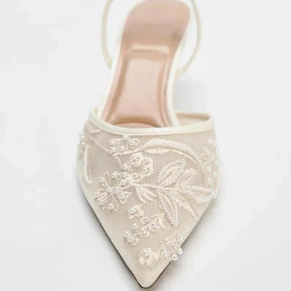 Mesh Embroidered Flowers Thin Heels Sandals Women 2025 Summer Sexy Slingback Pointed Toe Pumps Dress Shoes Sandalias De Mujer