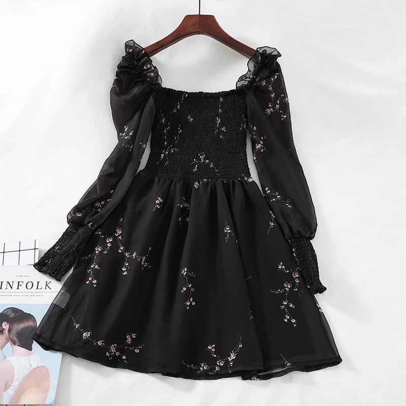 Women Sexy Black Chiffon Dress Spring Vintage Flower Long Puff Sleeve Dresses Korean Casual Mini Vestidos Elegant  Clothes 13676