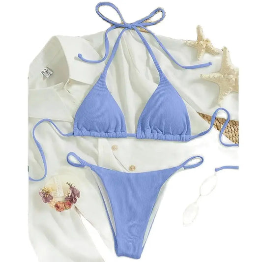 Special Pit Stripe Fabric Bikini Set Women Sexy Simple Solid Halter Bikini Swimsuit High Waisted Lace Up Beach Bathing Suit