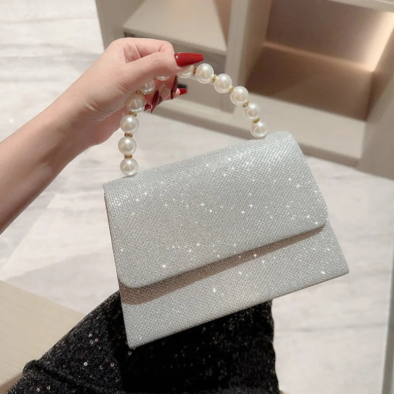 Pearl Chain Shoulder Bags Luxury Purse Gold Bright Silk Evening Bag Women Elegant Fashion Banquet Clutch Female Handbag bolsa