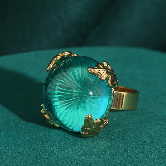 Vintage Round Blue Rings For Girls Glass Cat Eye Gold Color Luxury Brands Jewelry 2025 Trending Woman Antique Accessories