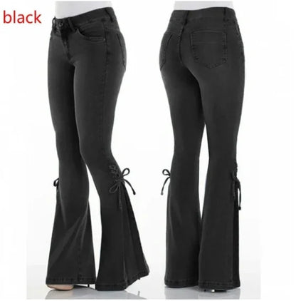 Full Length Flare Pants Women Jean Washed Denim Pants Zipper Fly Loose Fit Pockets High Waist Basics Lace Up Vintage Solid