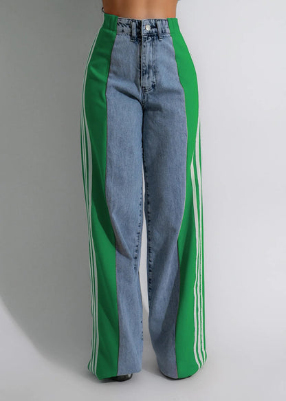 Sideseam Striped Wide Leg Jeans Women High Waist Stretch Denim Pants Patchwork Colorblock Straight Trouser
