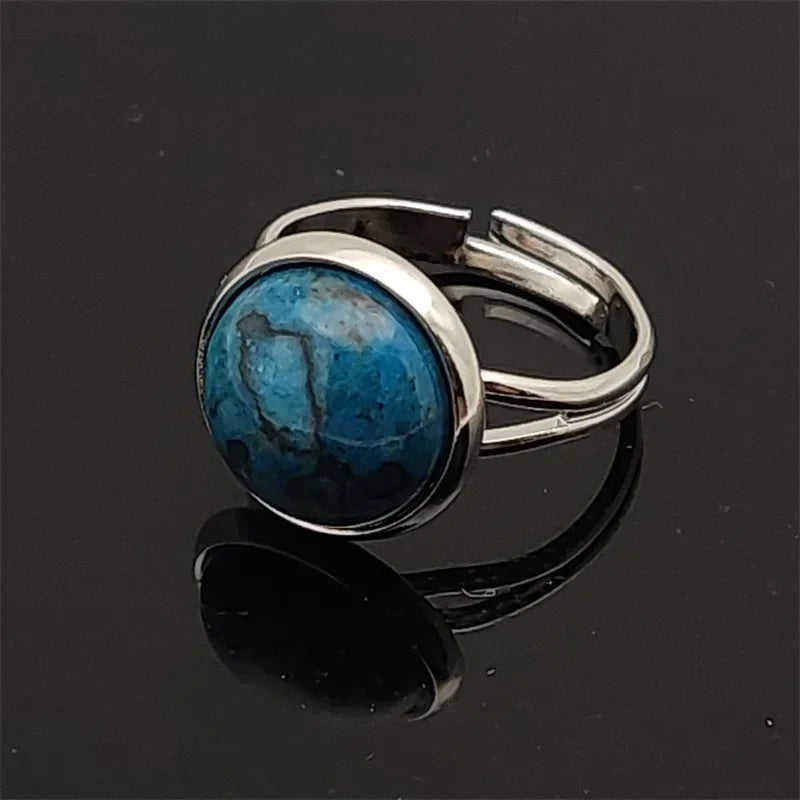 12mm Round Healing Natural Stone Ring Tiger Eye Opal Pink Crystal Adjustable Joint Ring for Women Jewelry