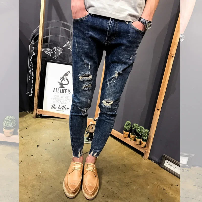 Wholesale 2022 Teenagers Denim Pants Beggar Men\'s Slim-fit Small Feet Frayed Jeans Male Stretch Social Spirit Guy Pencil Pants