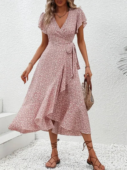 Plus Size 1XL-5XL Women's V-Neck Floral Print Dress Breathable Summer Casual Elegant Dress Sophisticated Style Long Beach Dress