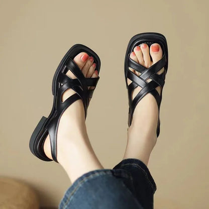 Smile Women Sandals Roman Retro Woven Fashion Sandals Spring New Rubber Low Heel Square Toe Beach Sandals Korean Version Sandals