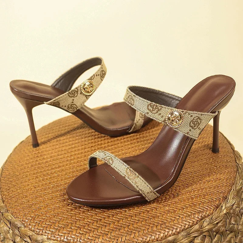 Flower Embroidery Stiletto Heel Slippers Women 2025 Summer Open Toe High Heels Sandals Woman Brand Fashion Party Shoes Plus Size